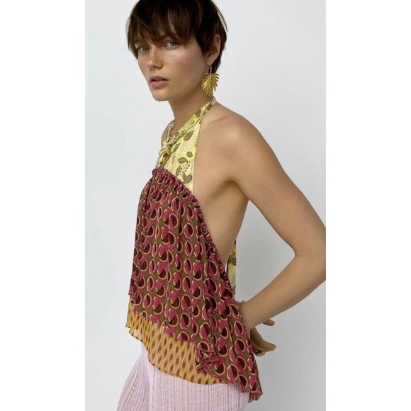 ZARA PRINTED HALTER TOP SIZE L Chiffon Hippie Peplum Layered low cut back Multi - Picture 3 of 12